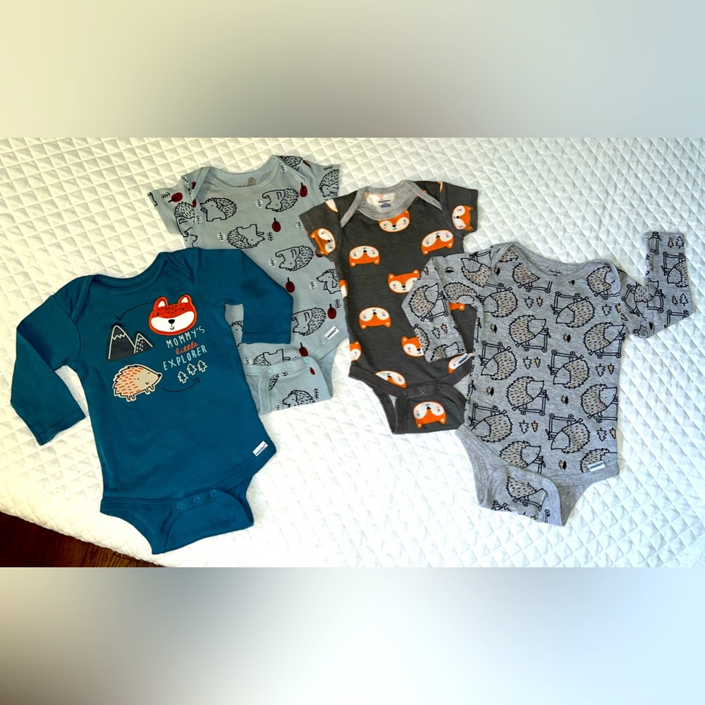 Gerber Lot (4) Infant Boys Woodland Animal Onesies One Pieces Size 3-6 months